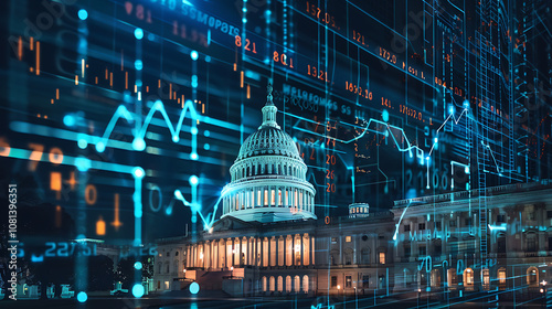 US Capitol Building with Digital Overlay Representing Economic Data