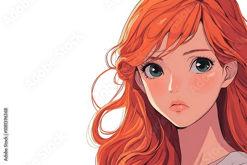 Anime girl with red hair and green eyes. Illustration of a cute anime woman with orange hair.