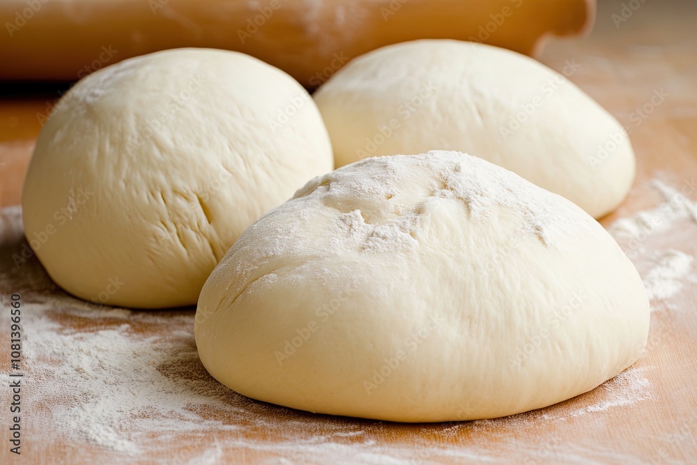 Three Round Balls of Dough Resting on a Wooden Surface in a Cozy Kitchen Environment Three Round Balls of Dough Resting on a Wooden Surface in a Cozy Kitchen Environment
