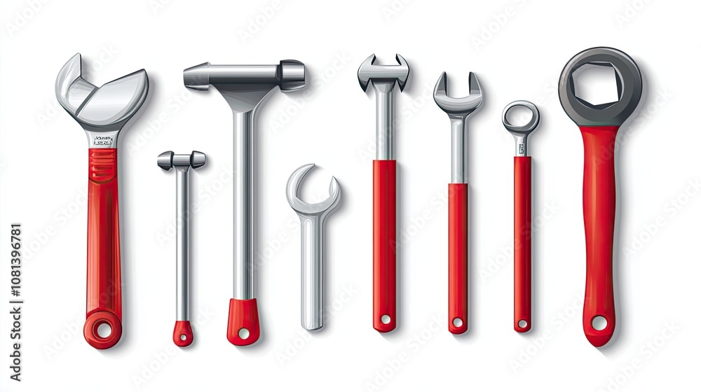 Set of various red handled tools including wrenches, a hammer and a punch Set of various red handled tools including wrenches, a hammer and a punch