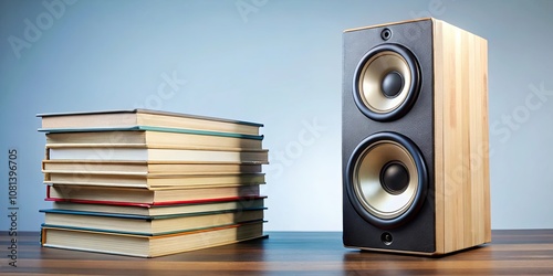Audio music speaker isolated on a stack of books , stack, audio, music, speaker, isolated, books, technology
