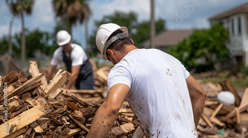 Disaster efforts  in hard times. Workers in hard hats clear debris from a construction site, focused on removing wooden materials under a clear blue sky. photo