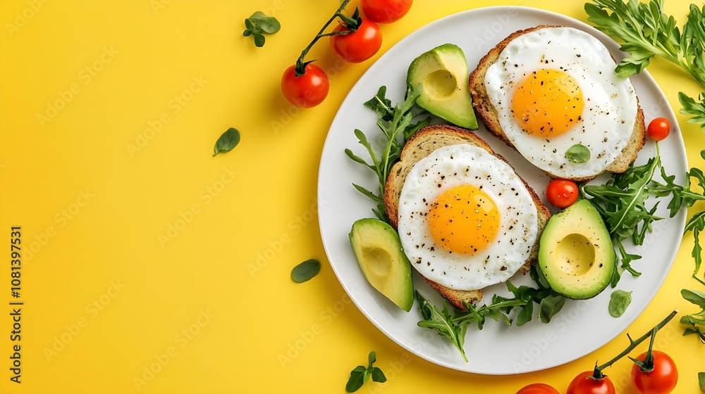 Top view of a vegetarian breakfast recipe: fried eggs with cherry tomatoes, greenery, and avocado toast on a yellow background with copy space image Top view of a vegetarian breakfast recipe: fried eggs with cherry tomatoes, greenery, and avocado toast on a yellow background with copy space image