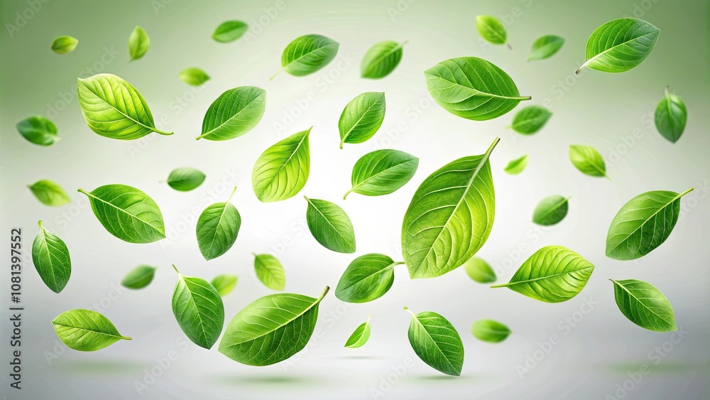 Green leaves floating in the air on a background, representing healthy and organic products, Green, leaves, floating Green leaves floating in the air on a background, representing healthy and organic products, Green, leaves, floating