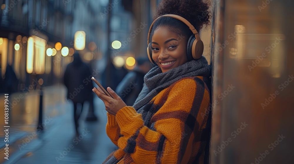 Young Woman in a Yellow Sweater Using a Phone While Wearing Headphones in a City at Night Young Woman in a Yellow Sweater Using a Phone While Wearing Headphones in a City at Night