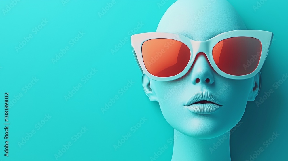 Modern Minimalist Woman with Red Sunglasses on Blue Background Modern Minimalist Woman with Red Sunglasses on Blue Background