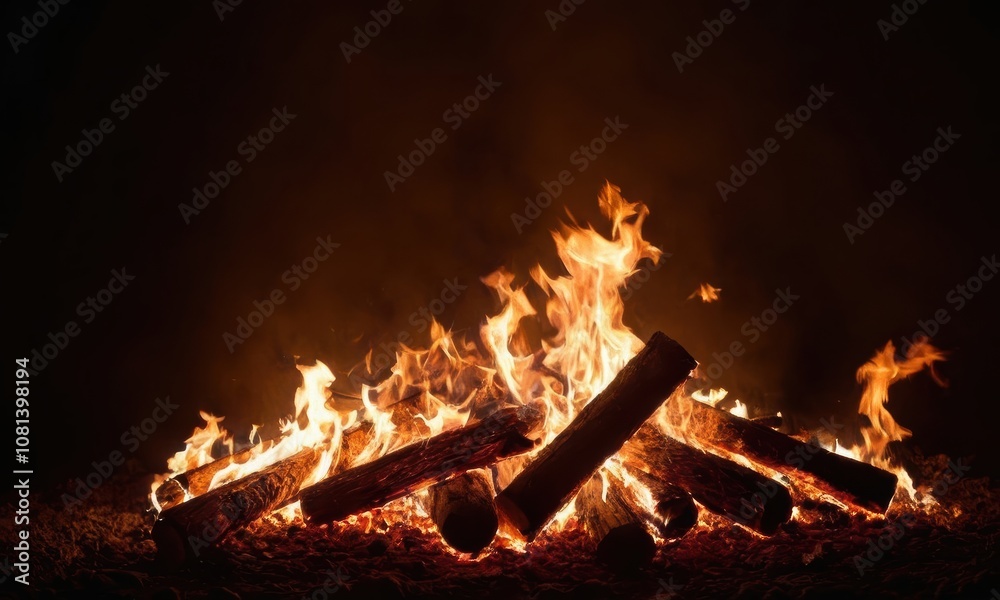 pile of wood is burning in a fire pit, background, wallpaper Stock ...