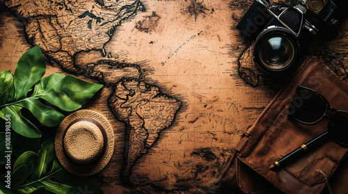 Travel essentials on vintage map.