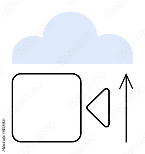 Simple camera outline with pointing arrow and blue cloud. Ideal for online communication, media storage, technology services, cloud storage, file sharing, virtual meetings, remote work. Line metaphor