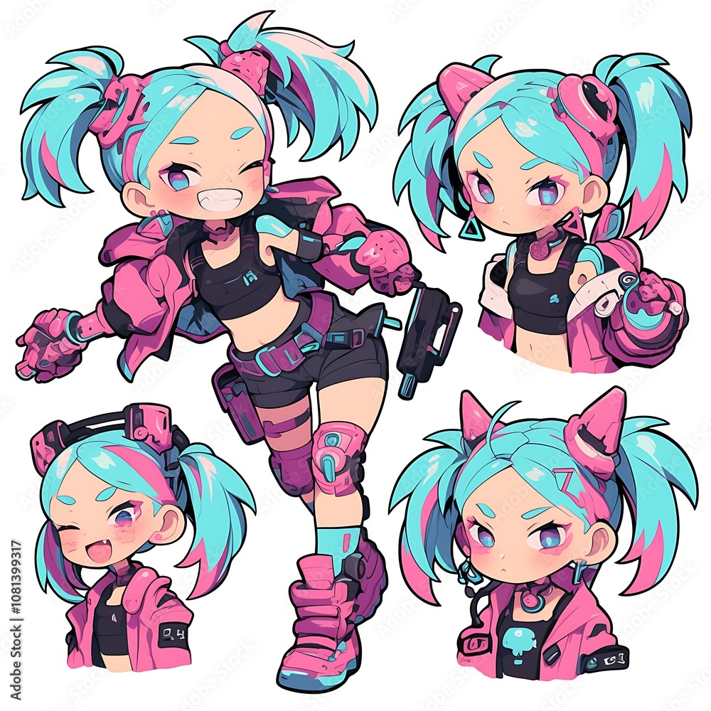 Kawaii anime girl character with pink and blue hair in a cyberpunk style outfit Kawaii anime girl character with pink and blue hair in a cyberpunk style outfit