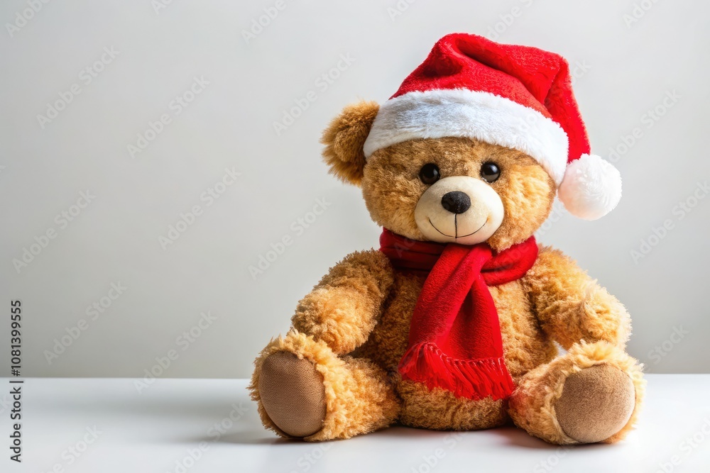 Adorable Teddy Bear in Red Hat and Scarf Against White Background for Christmas Greeting Card Design Adorable Teddy Bear in Red Hat and Scarf Against White Background for Christmas Greeting Card Design