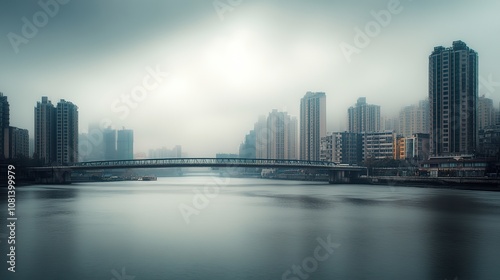 Scenic city view with a river in the background, featuring a beautiful bridge that spans across the water, creating a stunning urban landscape. The vibrant city skyline and peaceful river 