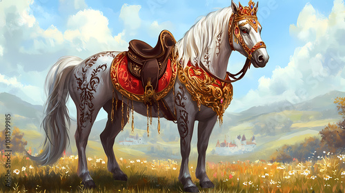 A beautifully illustrated, regal horse adorned with a crown and saddle, ready for a fairytale adventure. Regal. Illustration photo