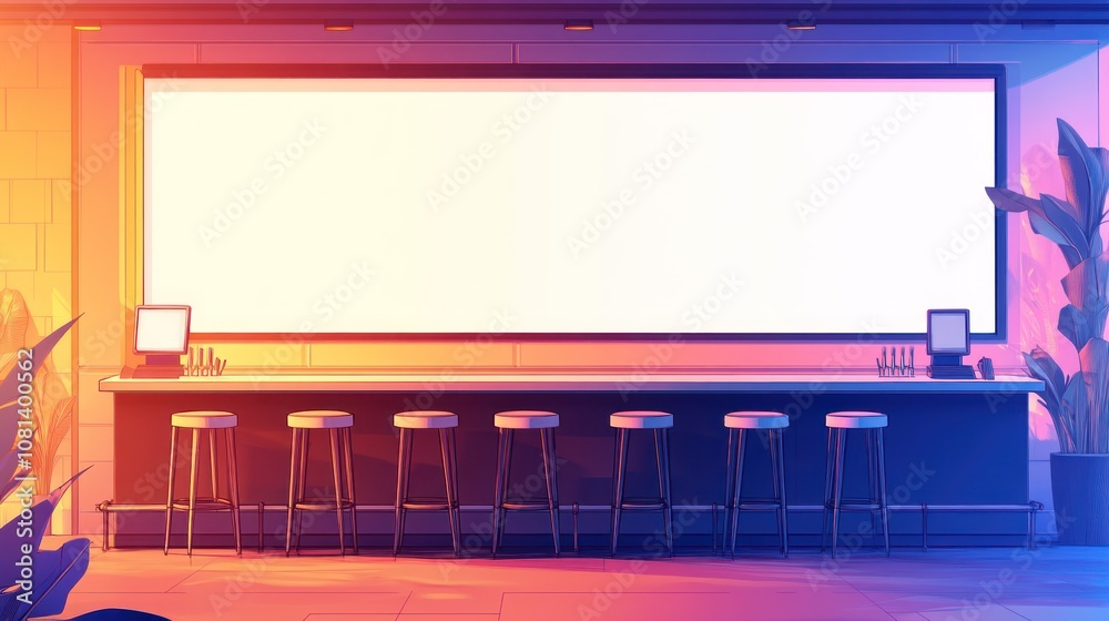 A modern bar scene with stools and a blank screen backdrop. A modern bar scene with stools and a blank screen backdrop.