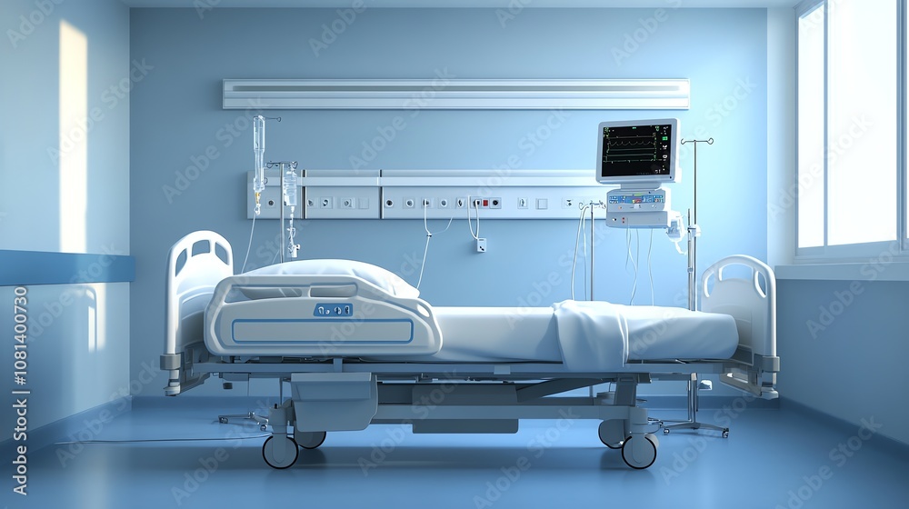 A hospital room with an empty bed with a large window. A hospital room with an empty bed with a large window.