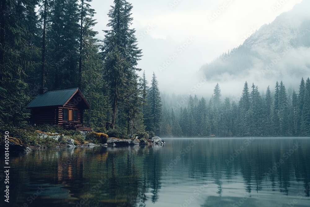 A Tranquil Log Cabin by a Misty Lake Surrounded by Tall Evergreen Trees at Dawn A Tranquil Log Cabin by a Misty Lake Surrounded by Tall Evergreen Trees at Dawn