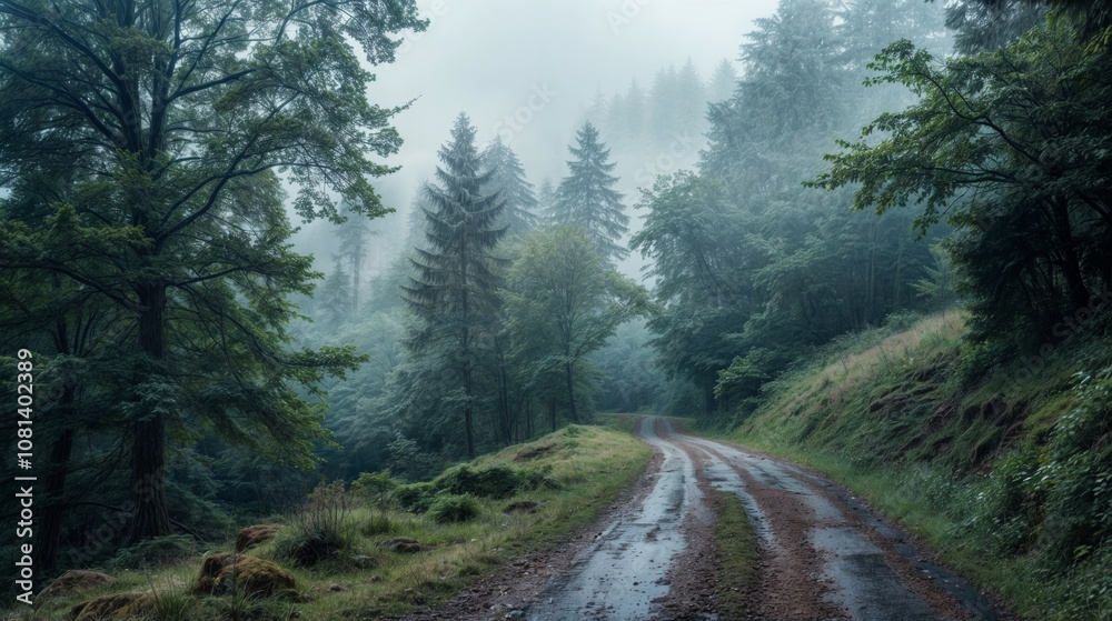 A quiet, misty dirt path winding through lush evergreen trees in a dense, atmospheric forest, evoking solitude and mystery.. A quiet, misty dirt path winding through lush evergreen trees in a dense, atmospheric forest, evoking solitude and mystery..