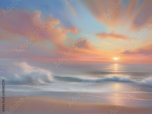 Pastel Sunset Sea Beach Painting Art photo