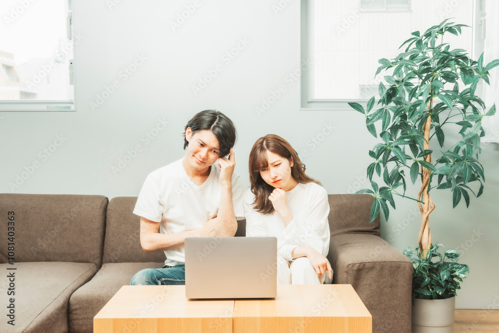部屋にいる男女(ノートパソコン・困る)
部屋にいる男女(ノートパソコン・困る)