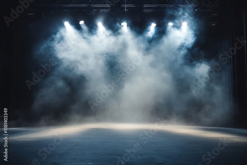 Empty stage with spotlights and fog, dark background with blue lights. Performance background for music concerts, theater shows, presentations. 