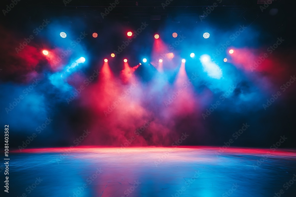 Obraz premium Stage lights with red and blue spotlights and fog, empty concert stage background
