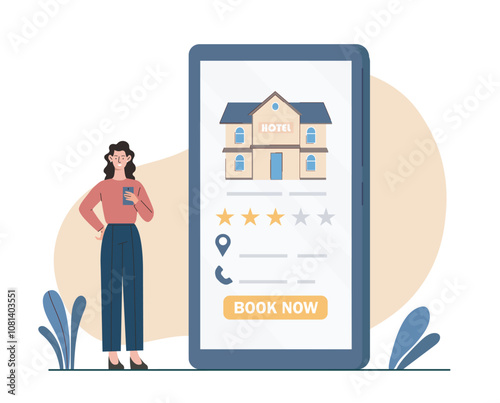 Woman booking hotel online. Young girl near huge smartphone with building on screen. Mobile application for travelers and tourists. Travel and trip, holiday and vacation. Flat vector illustration