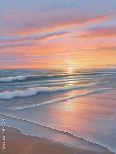 Pastel Sunset Sea Beach Painting Art photo