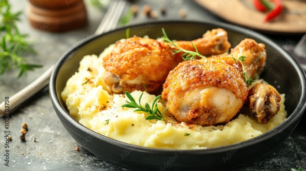 Classic fried chicken drumsticks with a crispy, golden brown coating, served with mashed potatoes, casual restaurant setting Classic fried chicken drumsticks with a crispy, golden brown coating, served with mashed potatoes, casual restaurant setting