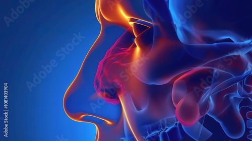 Sinusitis Condition Displaying Inflamed Nasal Sinus Cavities with Redness and Swelling, Mucus Buildup Evident, Affecting Breathing and Causing Discomfort in the Facial Area around the Nose and Eyes