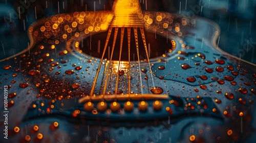 Close-up of a beautifully crafted acoustic guitar in the rain, with intricate details and strings photo