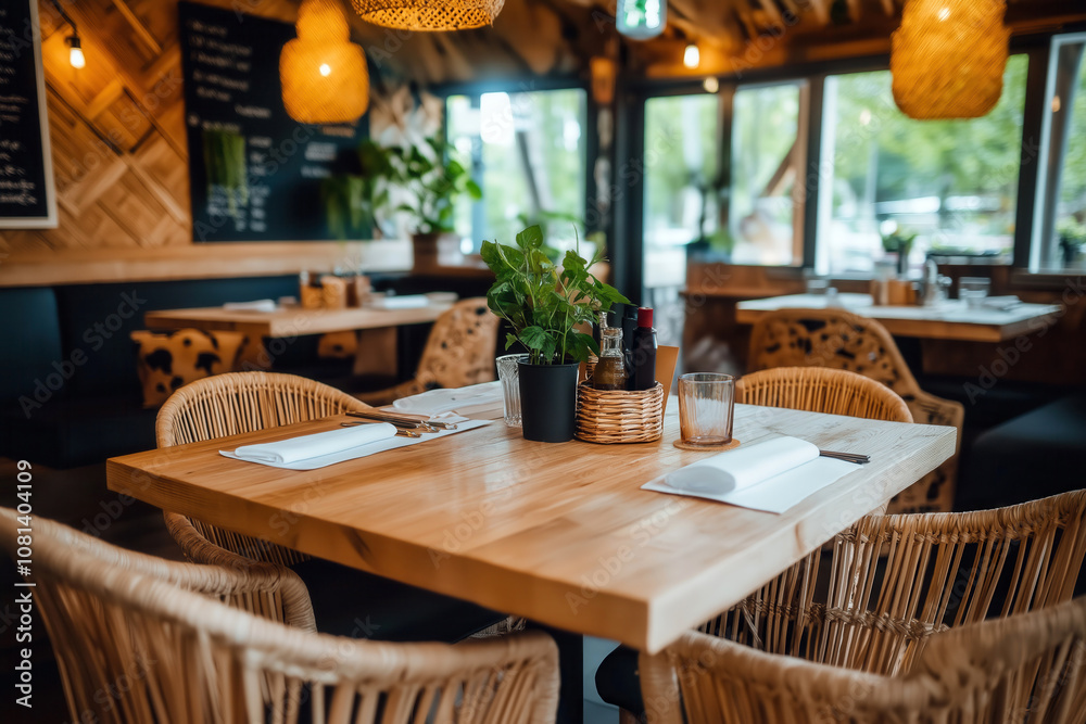 Obraz premium Cozy Restaurant Table Setting with Natural Light, Rustic Decor, and Green Plant Centerpiece