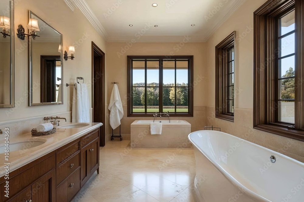 Luxurious Modern Bathroom Featuring a Freestanding Bathtub and Elegant Mirrors With Natural Light Streaming Through Large Windows Luxurious Modern Bathroom Featuring a Freestanding Bathtub and Elegant Mirrors With Natural Light Streaming Through Large Windows