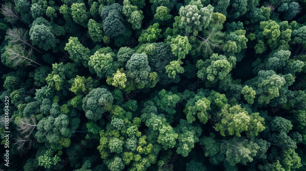 Aerial view of a dense, vibrant forest canopy with varied shades of green, showcasing the lush and thriving nature of the forest..