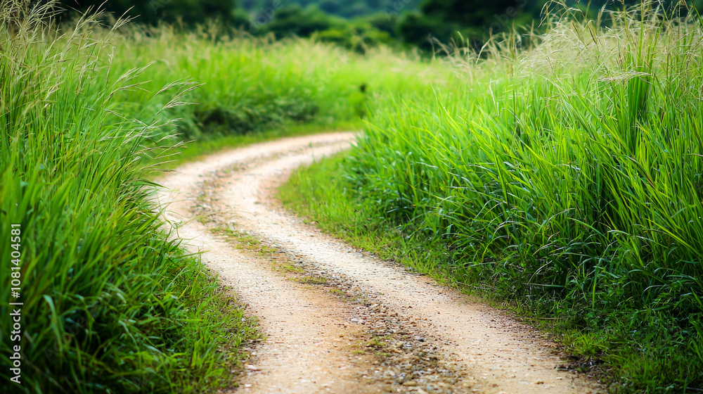 Winding dirt road through tall grass.