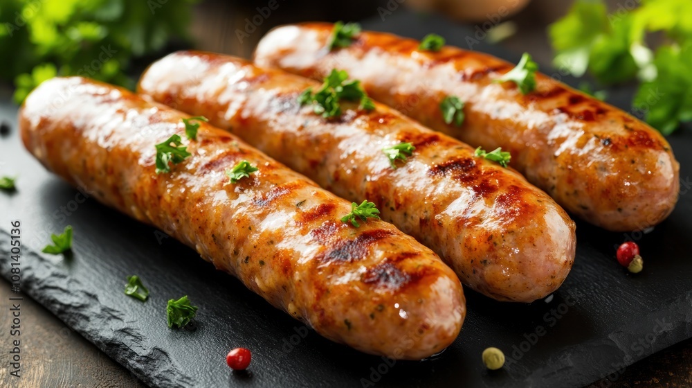 Chicken sausage patties on a black slate board, garnished with fresh parsley, gourmet food Chicken sausage patties on a black slate board, garnished with fresh parsley, gourmet food
