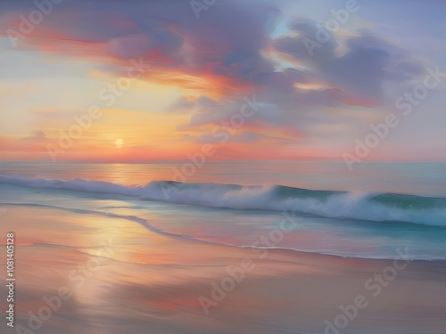 Pastel Sunset Sea Beach Painting Art photo