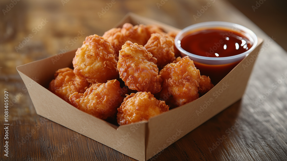 Photograph of fried chicken in a cardboard box with sauce on a wooden table, close-up shot, stock photo. Photograph of fried chicken in a cardboard box with sauce on a wooden table, close-up shot, stock photo.