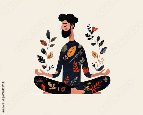 A serene illustration of a man meditating, surrounded by vibrant leaves and plants, symbolizing peace and connection with nature.