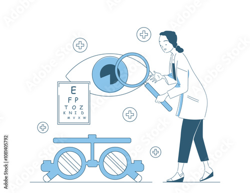 Checking eye conditions. Woman in medical uniform with loupe near vision test. Diagnosis and treatment. Healthcare and medicine. Ophthalmologist and oculist. Linear vector illustration