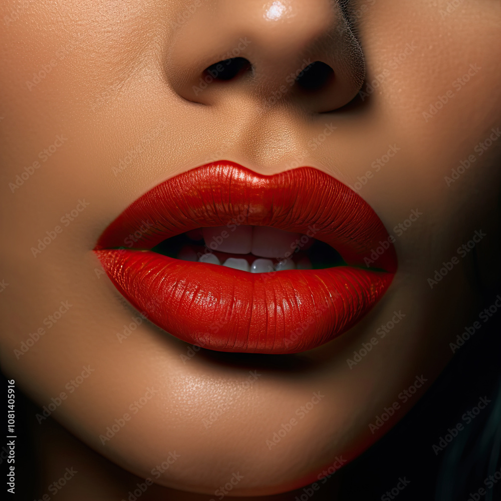 Obraz premium Extreme close-up of the red lips of a beautiful young woman.