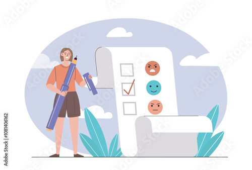 Woman choose emotion. Young girl with pen near list with emoji. User satisfaction indicator. Anger, neutrality and happiness. Flat vector illustration isolated on white background