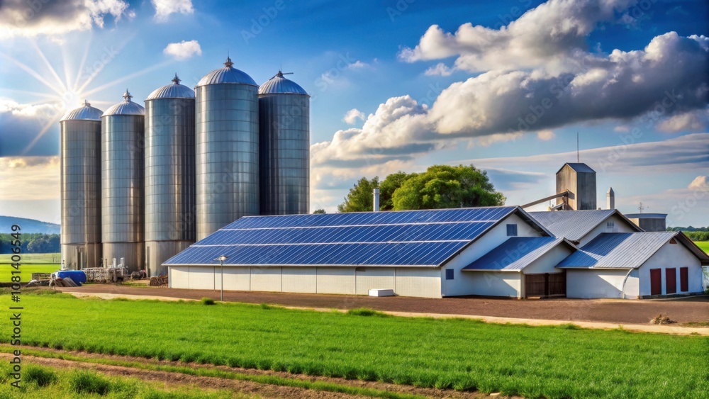 Modern farm with solar panels and silos in the background, renewable energy, agriculture, technology, sustainable