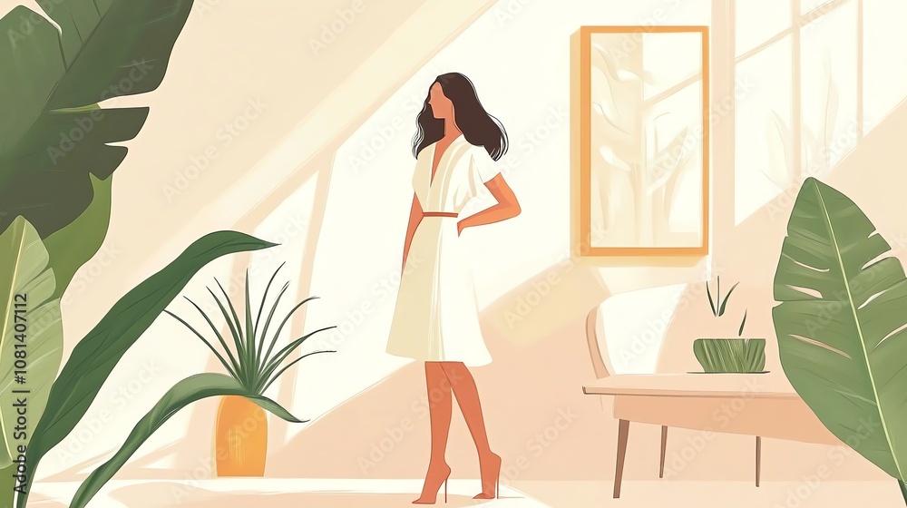 Obraz premium An illustration of a woman in a white dress standing in a room with plants and a window.