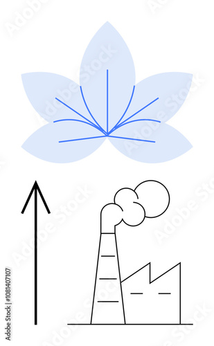 Factory with smokestack emitting minimal pollution, large leaf above symbolizing environmental impact reduction and sustainable growth. Ideal for environmental awareness, sustainability, green