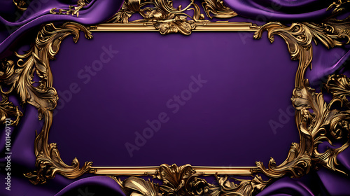 A royal-themed wedding invitation card mockup with elegant gold trim and velvet textures, presented on a luxurious silk fabric background in a regal purple hue. Regal. Illustration