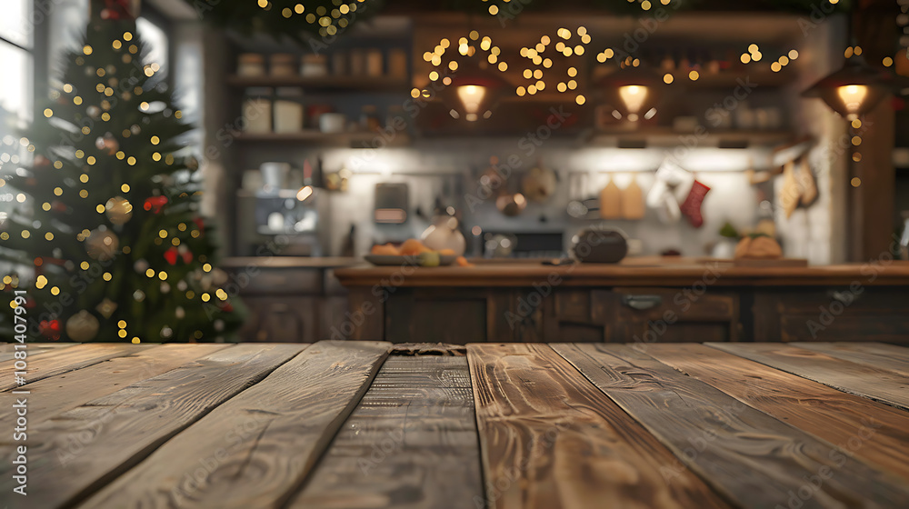 Rustic Wooden Tabletop with Blurry Christmas Kitchen Background Rustic Wooden Tabletop with Blurry Christmas Kitchen Background