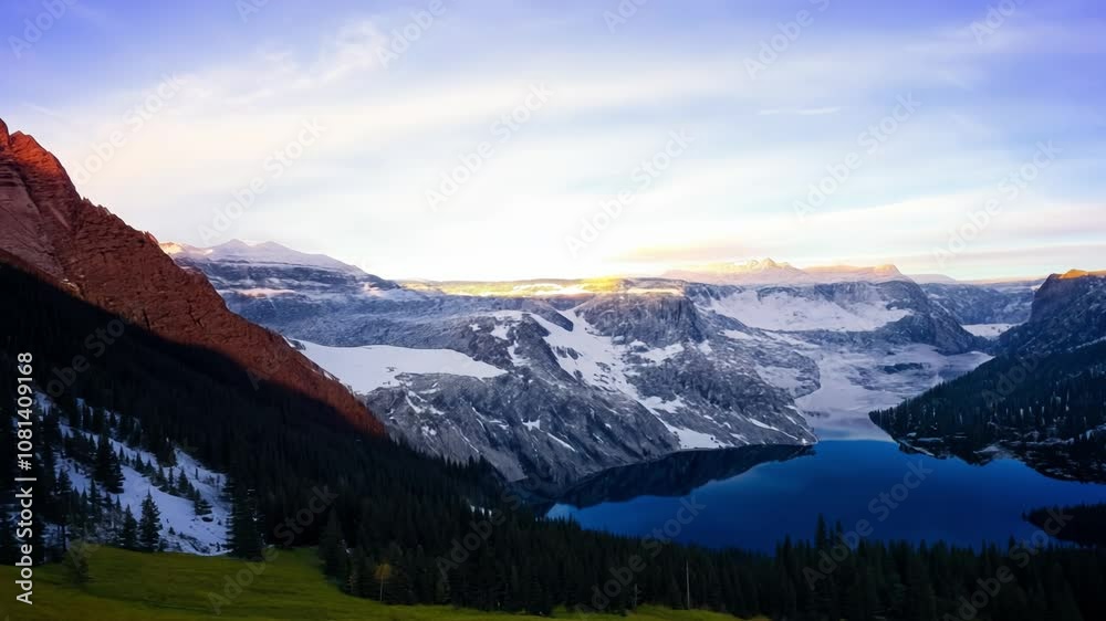Sunrise illuminating mountain lake with changing color grading Sunrise illuminating mountain lake with changing color grading