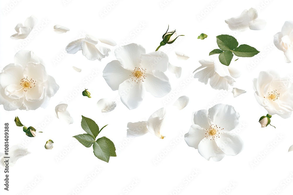 Fototapeta premium Beautiful white English rose falling in the air isolated on white background