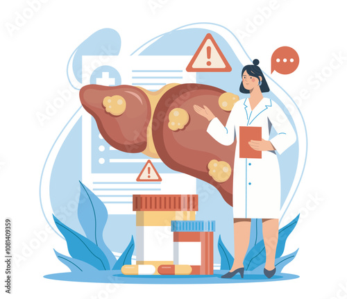 Fatty liver disease. Woman in medical uniform near infected internal organ. Diagnosis and treatment. Healthcare and medicine. Flat vector illustration isolated on white background