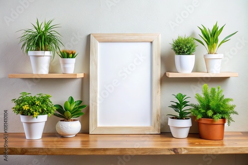 Minimal Pharmacy Mockup - White Frame on Wooden Shelves